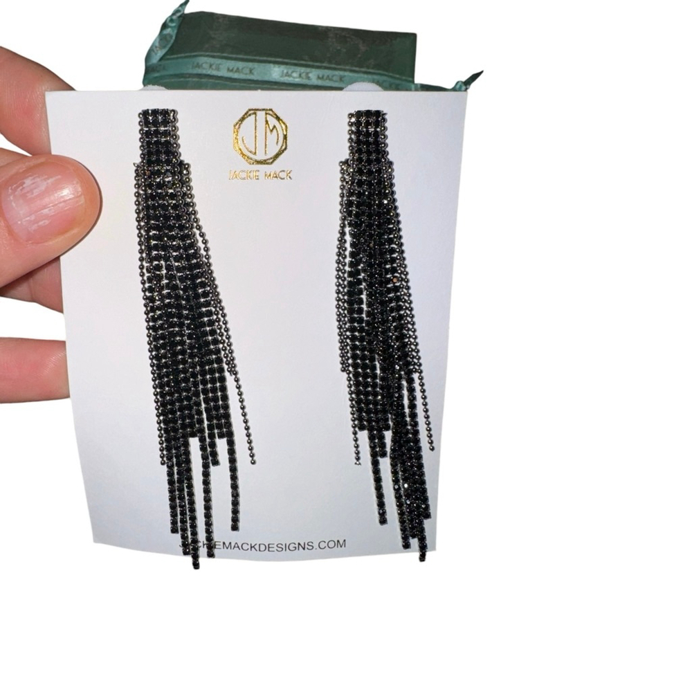 Jackie Mack Black Rhinestone Fringe Dangle Earrings One Size